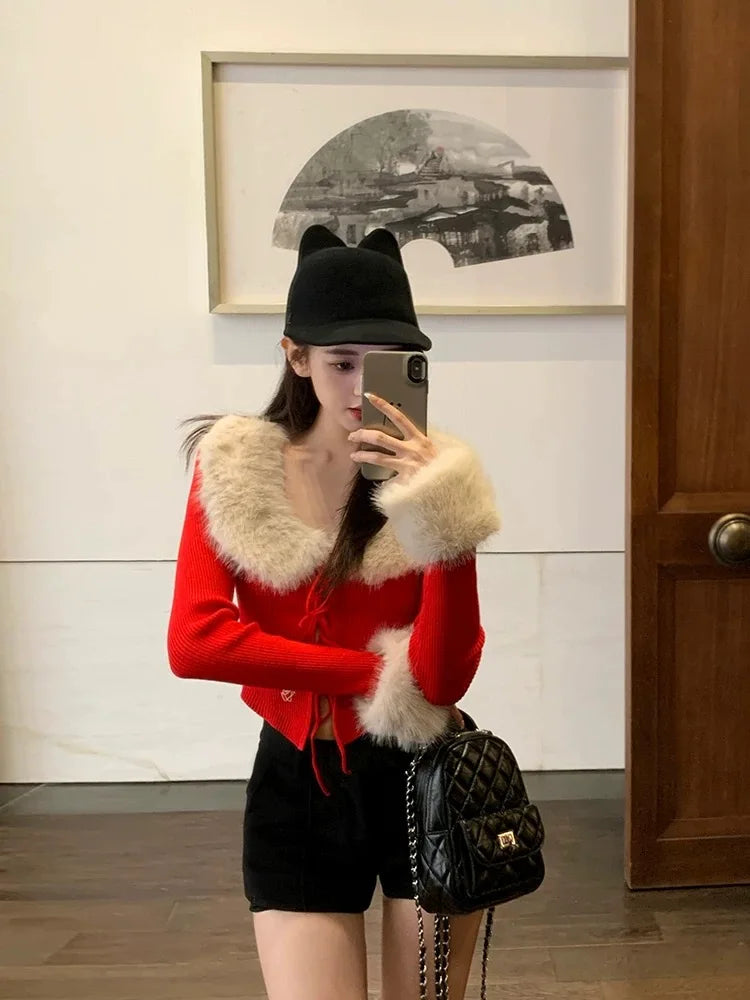 French Fashion Women Blue Long Sleeve Knitted Sweater 2024 New Autumn Winter Ladies Red Hairy Neck Lace-up Cardigan Tops Popular