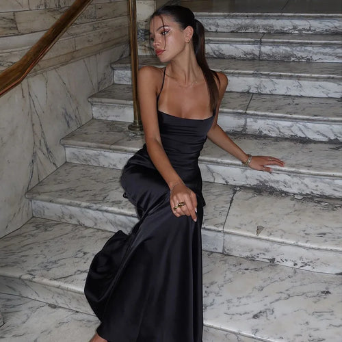 Load image into Gallery viewer, Spaghetti Strap Backless Sexy Maxi Dress Women Gown Black Satin Slipdress Sleeveless High Waist Club Party Long Dress
