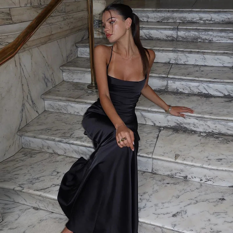 Spaghetti Strap Backless Sexy Maxi Dress Women Gown Black Satin Slipdress Sleeveless High Waist Club Party Long Dress