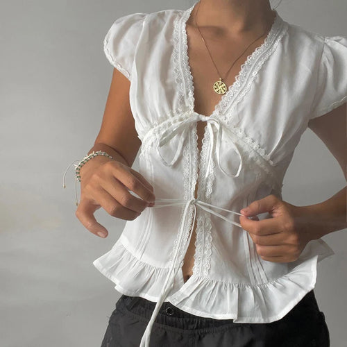 Load image into Gallery viewer, Y2K Aesthetics Lace Trim Patchwork Chic Blouses Women Summer Lace-Up Cardigan Puff Sleeve Shirts Girls Slimming Tops
