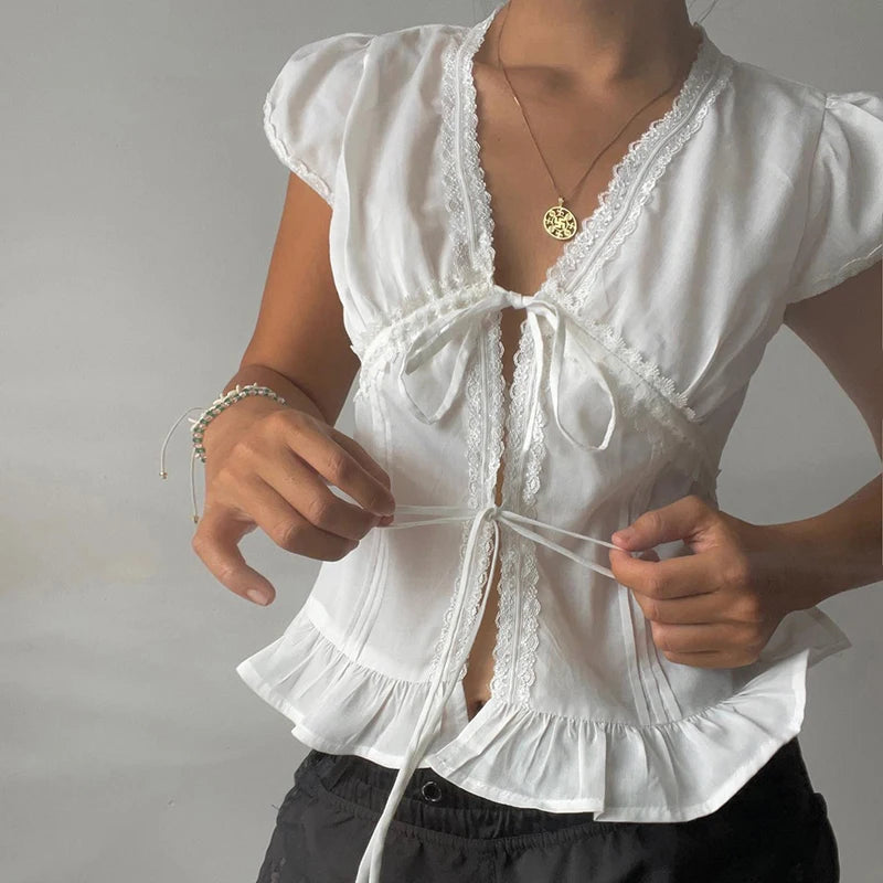 Y2K Aesthetics Lace Trim Patchwork Chic Blouses Women Summer Lace-Up Cardigan Puff Sleeve Shirts Girls Slimming Tops