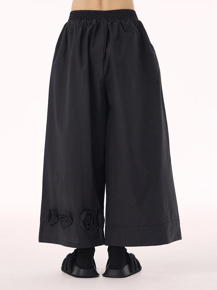 High Elastic Waist Black Three-dimensional Flower Wide Leg Pants New Trousers Women Fashion Spring Autumn 2025 1DH9426