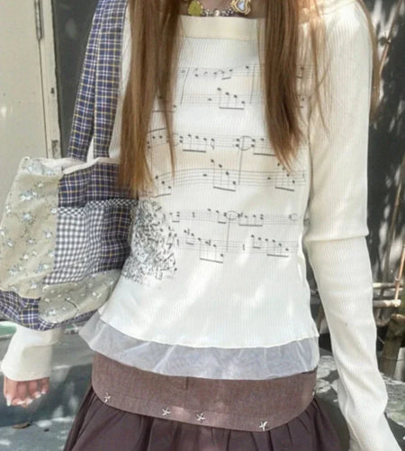 Y2k Aesthetic Cotton Tshirts Women All Match Tees Lace Patch Sexy Grunge Print T Shirt Long Sleeve Crop Top 2025 Fairy Clothes