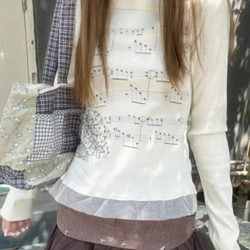 Load image into Gallery viewer, Y2k Aesthetic Cotton Tshirts Women All Match Tees Lace Patch Sexy Grunge Print T Shirt Long Sleeve Crop Top 2025 Fairy Clothes
