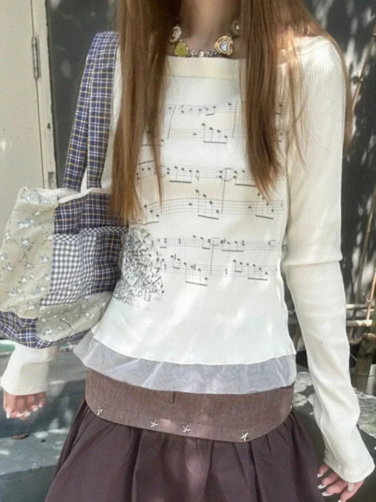 Y2k Aesthetic Cotton Tshirts Women All Match Tees Lace Patch Sexy Grunge Print T Shirt Long Sleeve Crop Top 2025 Fairy Clothes