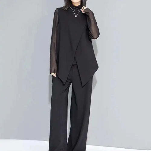 Load image into Gallery viewer, Women Black Mesh Perspective Irregular Thin T-shirt New Turtleneck Long Sleeve Fashion Tide Spring Autumn 2025 1DH7665
