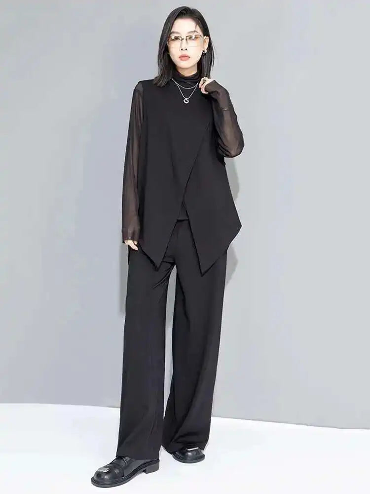 Women Black Mesh Perspective Irregular Thin T-shirt New Turtleneck Long Sleeve Fashion Tide Spring Autumn 2025 1DH7665