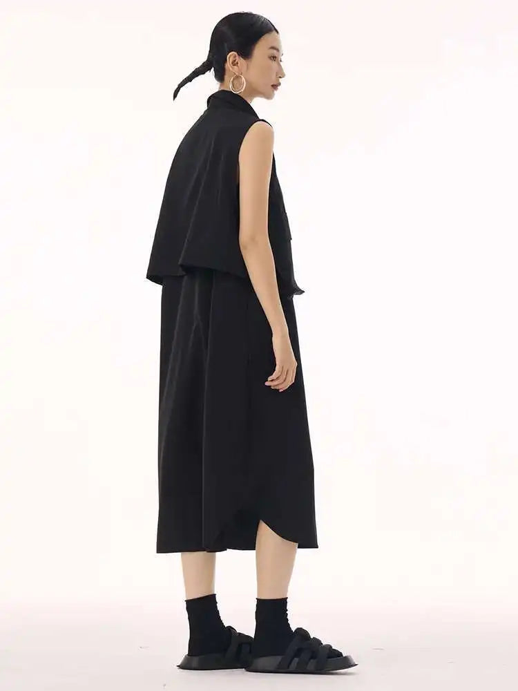 Women Black Shaped Pockets Big Size Midi Shirt Vest Dress New Lapel Sleeveless Fashion Tide Spring Autumn 2025 1DH9471