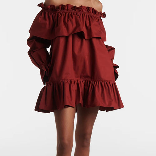 Load image into Gallery viewer, Solid Spliced Ruffles Loose Dresses For Women Slash Neck Long Sleeve High Waist Temperament Mini Dress Female New
