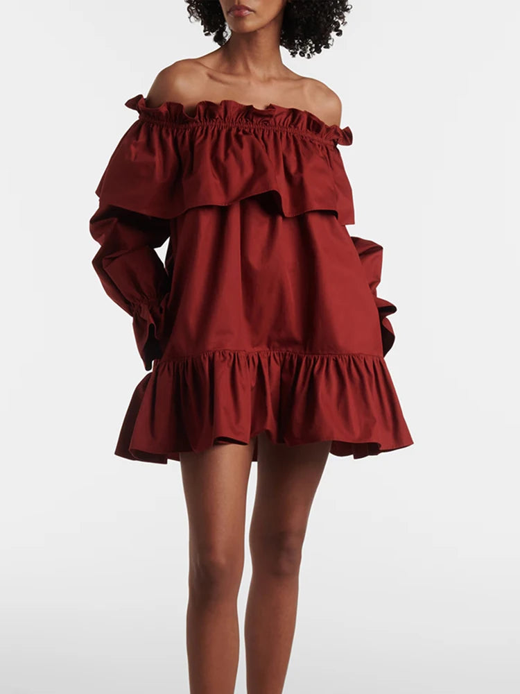 Solid Spliced Ruffles Loose Dresses For Women Slash Neck Long Sleeve High Waist Temperament Mini Dress Female New