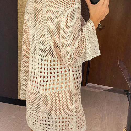 Load image into Gallery viewer, Sexy Long Sleeve Hollow Out Crochet Knitted Tunic Beach Cover Up Cover-ups Beach Dress Beach Wear Beachwear Female Women V4867
