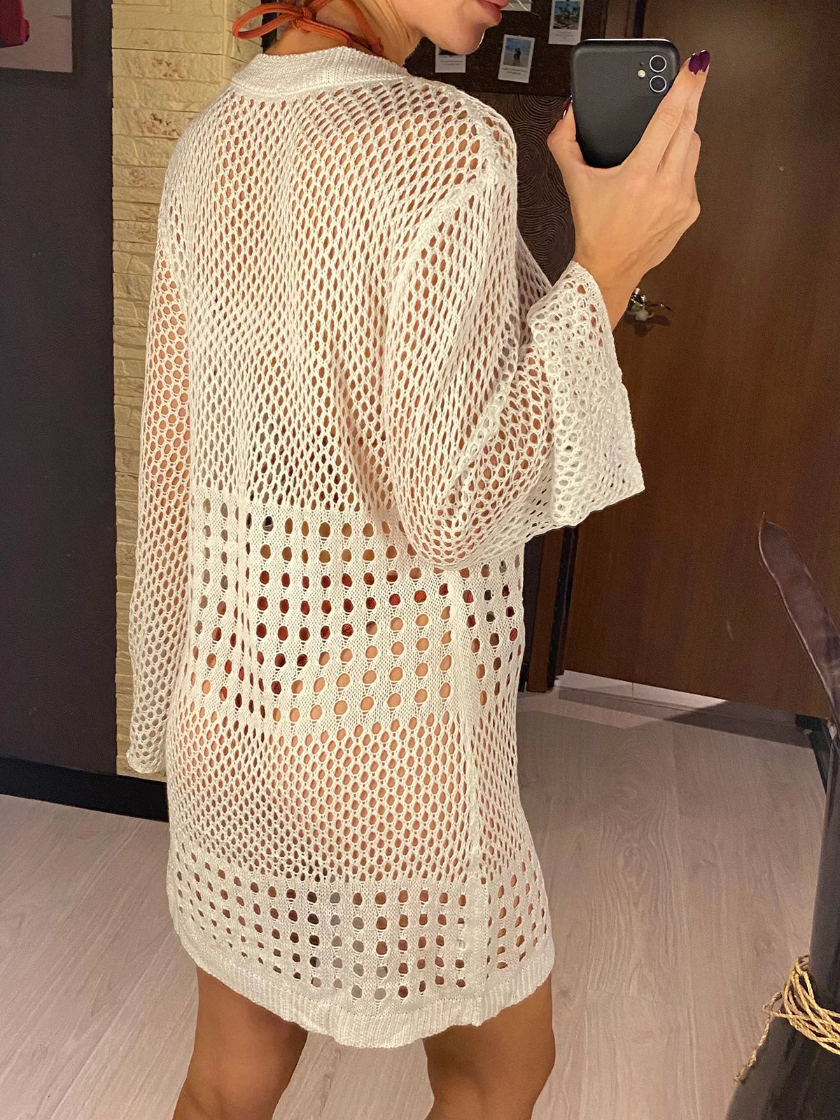 Sexy Long Sleeve Hollow Out Crochet Knitted Tunic Beach Cover Up Cover-ups Beach Dress Beach Wear Beachwear Female Women V4867