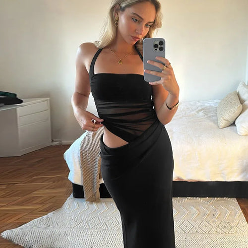 Load image into Gallery viewer, Mesh Patchwork Backless Sexy Maxi Dress For Women Gown Fashion Halter Sleeveless Strapless Bodycon Club Long Dress
