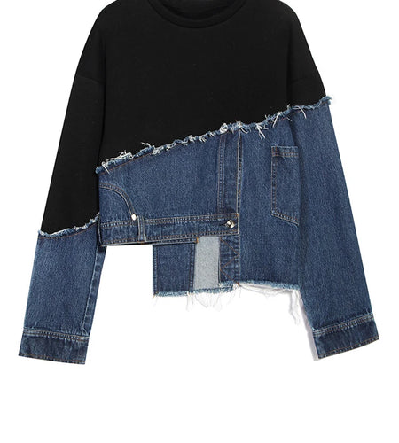 Loose Fit Denim Burr Split Asymmetrical Sweatshirt New Round Neck Long Sleeve Women Big Size Fashion Spring 2025 1M87901