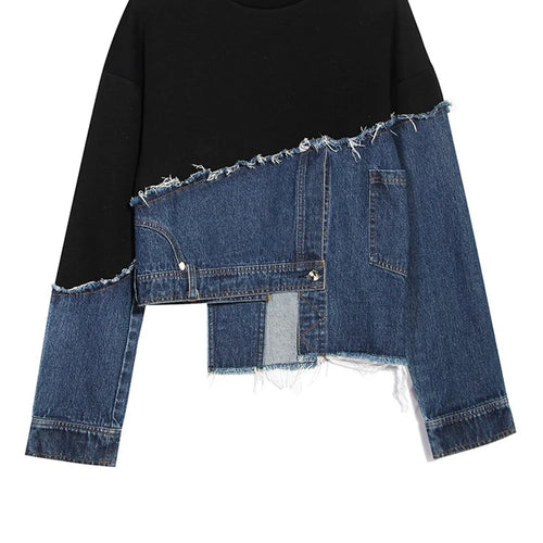 Load image into Gallery viewer, Loose Fit Denim Burr Split Asymmetrical Sweatshirt New Round Neck Long Sleeve Women Big Size Fashion Spring 2025 1M87901
