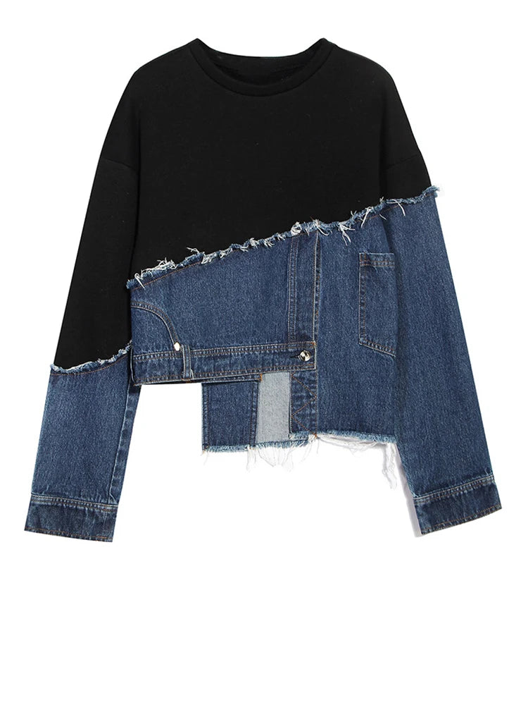 Loose Fit Denim Burr Split Asymmetrical Sweatshirt New Round Neck Long Sleeve Women Big Size Fashion Spring 2025 1M87901