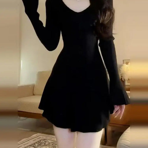 Load image into Gallery viewer, Women's Spring Autumn Vintage Black Flared Long Sleeved Knitted Short Dress Khaki V-neck High Waist Slim Pleated Mini Dress Chic
