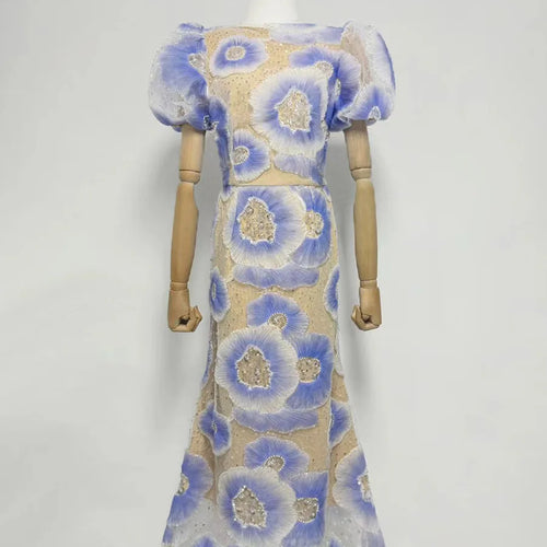 Load image into Gallery viewer, Hit Color Printing Spliced Bead Dresses for Women Round Neck Short Sleeves High Waist Temperament Long Dress Female
