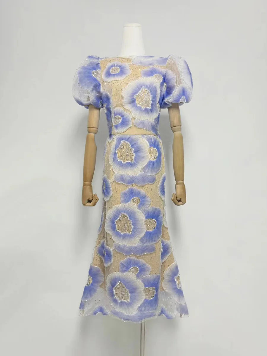 Hit Color Printing Spliced Bead Dresses for Women Round Neck Short Sleeves High Waist Temperament Long Dress Female