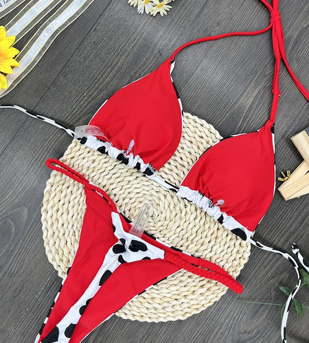 Heart Print 2024 Halter Bikini Set Thong Swimsuit Women Bandage Swimwear Biquini Brazilian Bathing Suit Beachwear