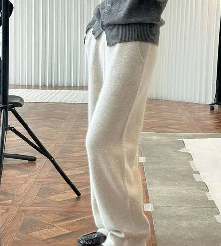 High Elastic Waist Beige 36% Wool Long Knitting Wide Leg Pants New Trousers Women Fashion Tide Autumn Winter 2025 1DH8230