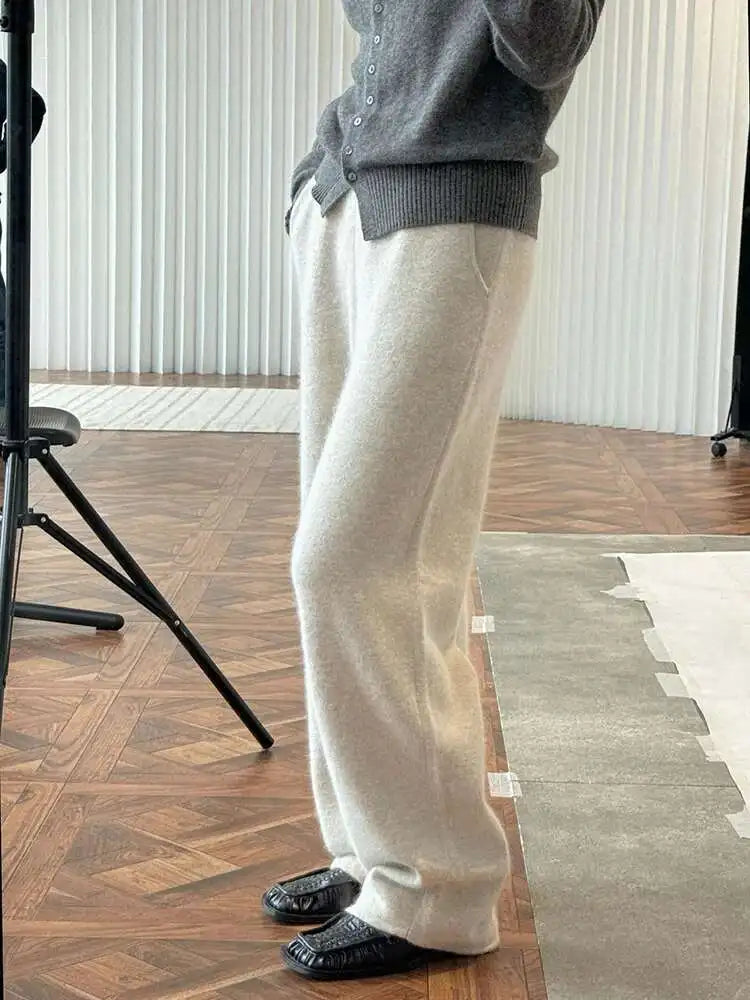 High Elastic Waist Beige 36% Wool Long Knitting Wide Leg Pants New Trousers Women Fashion Tide Autumn Winter 2025 1DH8230
