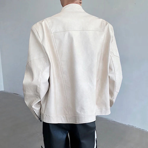 Load image into Gallery viewer, Niche Style Men&#39;s Jackets PU Leather Shoulder Padded Wrinkle Short Coats Stand Collar Zippers Male Clothing Stylish 9C6668
