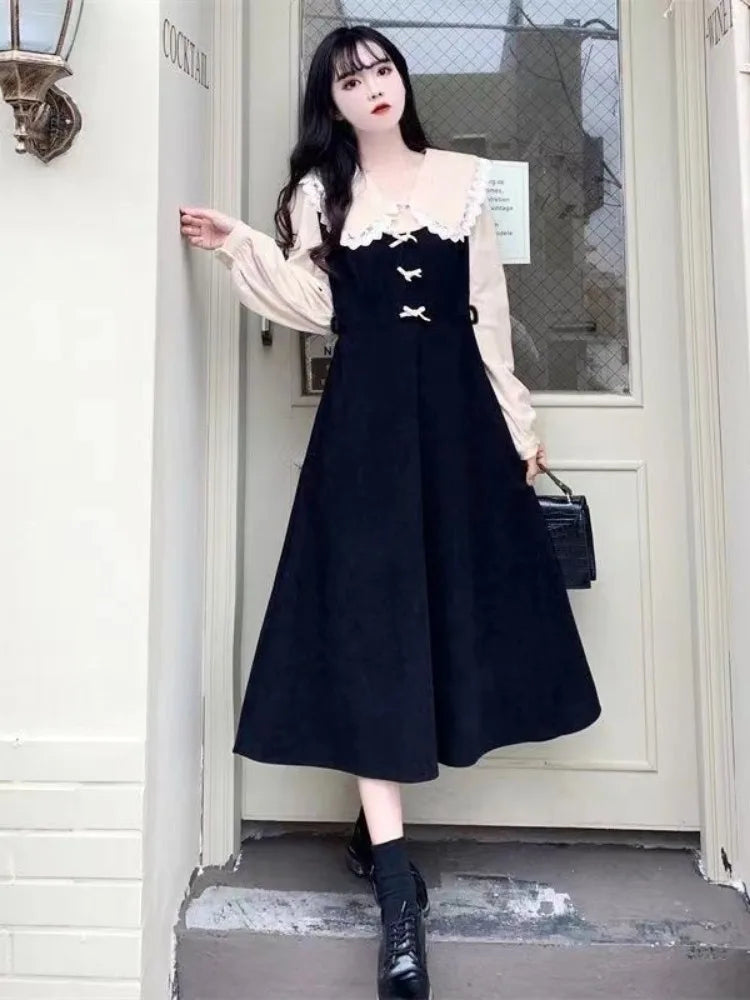 School Kawaii Black Midi Dress Women Japanese Sweet Vintage Elegant Peter Pan Collar Long Sleeve Cute Dresses Autumn