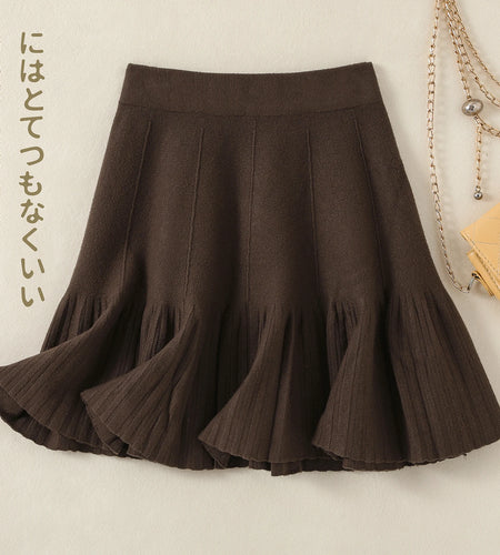 Korean Fashion Autumn Winter Warm Women Solid Knitted Short Skirt High Waist Ruffle Edge A-line Pleated Skirt 2024 New Versatile