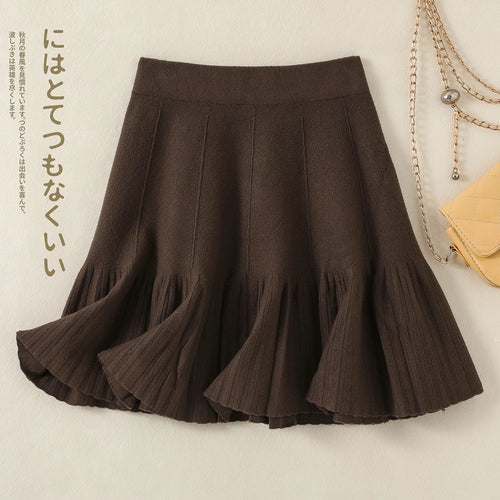 Load image into Gallery viewer, Korean Fashion Autumn Winter Warm Women Solid Knitted Short Skirt High Waist Ruffle Edge A-line Pleated Skirt 2024 New Versatile

