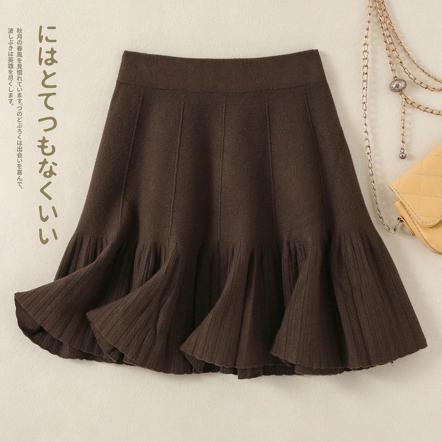 Korean Fashion Autumn Winter Warm Women Solid Knitted Short Skirt High Waist Ruffle Edge A-line Pleated Skirt 2024 New Versatile