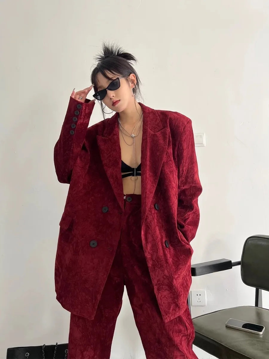 Solid Loose Two Piece Set for Women Lapel Long Sleeve Coat High Waist Chic Pant Elegant Sets Female