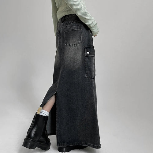 Load image into Gallery viewer, Korean Fashion Straight Loose Denim Skirt Women Cargo Style Pockets Distressed Long Skirt Harajuku Slit Stitching
