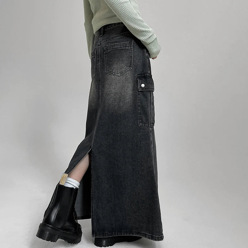 Korean Fashion Straight Loose Denim Skirt Women Cargo Style Pockets Distressed Long Skirt Harajuku Slit Stitching
