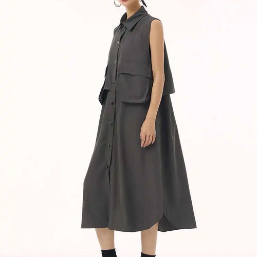 Load image into Gallery viewer, Women Black Shaped Pockets Big Size Midi Shirt Vest Dress New Lapel Sleeveless Fashion Tide Spring Autumn 2025 1DH9471
