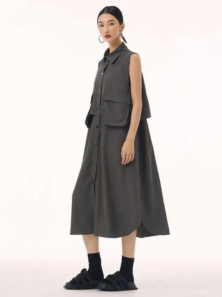 Women Black Shaped Pockets Big Size Midi Shirt Vest Dress New Lapel Sleeveless Fashion Tide Spring Autumn 2025 1DH9471