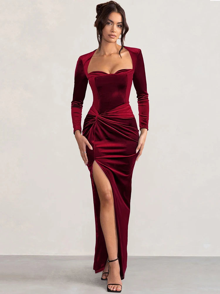 Square Collar Long Sleeve Sexy Maxi Dress For Women Velvet Fashion Ruched Split Bodycon Club Party Elegant Long Dress