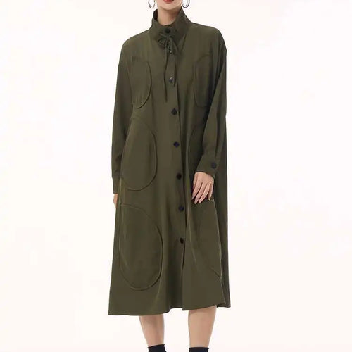 Load image into Gallery viewer, Women Army Green Patch Drawstring Big Size Midi Dress New Stand Collar Long Sleeve Fashion Tide Spring Autumn 2025 1DH9211
