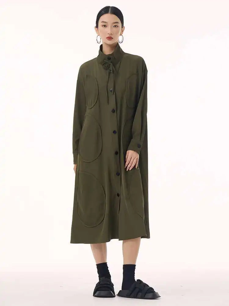 Women Army Green Patch Drawstring Big Size Midi Dress New Stand Collar Long Sleeve Fashion Tide Spring Autumn 2025 1DH9211