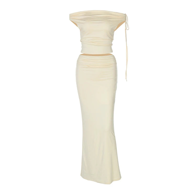 Sexy Skirt Two Pieces Sets For Women Sleeveless Slim Fit Off-shoulder Crop Top And Long Skirt Sexy Two Pieces Sets