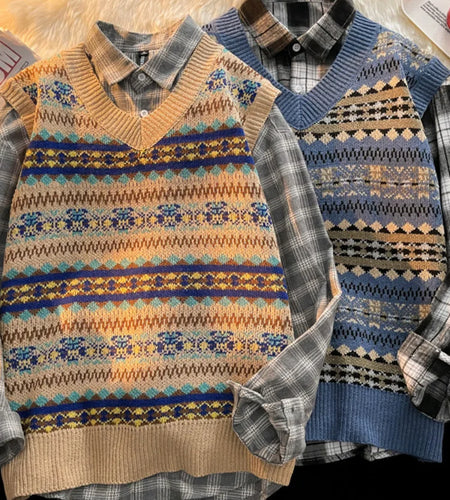 Y2k Aesthetic Vintage Streetwear Pull Femme All Match Casual Korean Fashion Knitted Vest Japanese V Neck Sleeveless Sueter Mujer