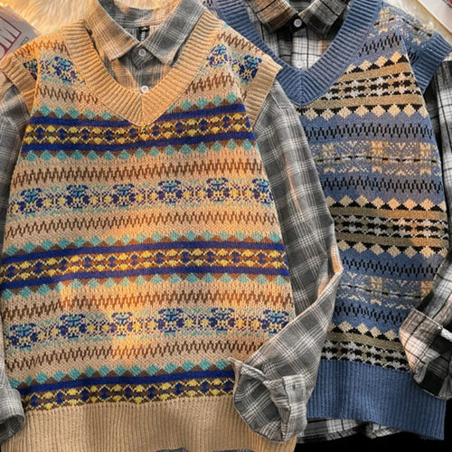 Load image into Gallery viewer, Y2k Aesthetic Vintage Streetwear Pull Femme All Match Casual Korean Fashion Knitted Vest Japanese V Neck Sleeveless Sueter Mujer
