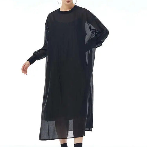 Load image into Gallery viewer, Women Khaki Mesh Perspective Big Size Thin Dress New Round Neck Long Sleeve Fashion Tide Spring Autumn 2025 1DH7412
