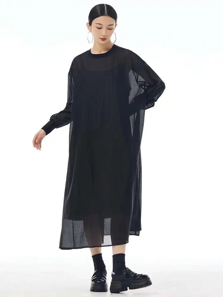 Women Khaki Mesh Perspective Big Size Thin Dress New Round Neck Long Sleeve Fashion Tide Spring Autumn 2025 1DH7412