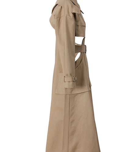 Women Cut-out Big Size Camel Long Trench New Lapel Long Sleeve Loose Fit Windbreaker Fashion Spring Autumn 2025 1DH058004