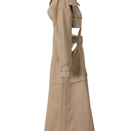 Load image into Gallery viewer, Women Cut-out Big Size Camel Long Trench New Lapel Long Sleeve Loose Fit Windbreaker Fashion Spring Autumn 2025 1DH058004
