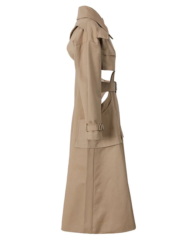 Women Cut-out Big Size Camel Long Trench New Lapel Long Sleeve Loose Fit Windbreaker Fashion Spring Autumn 2025 1DH058004
