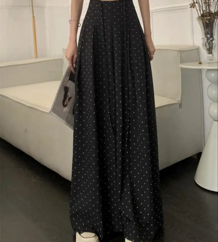 Spring Summer Retro Black Polka Dot Festival Wide Leg Long Pant Women High Waist Loose Holiday Straight Lace Up Trousers Casual
