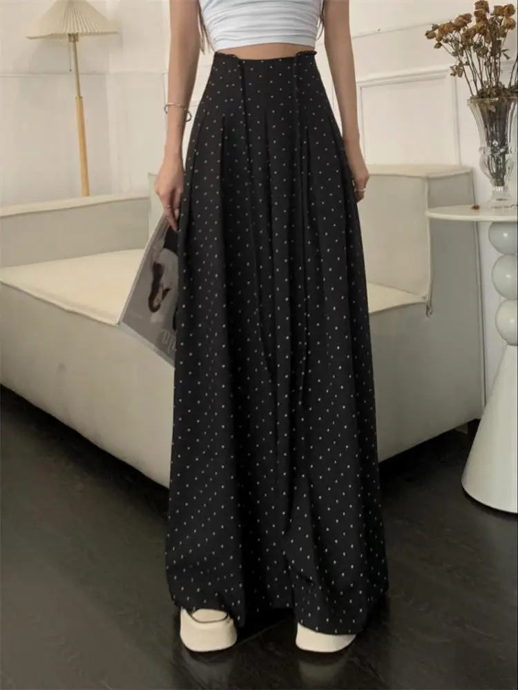Spring Summer Retro Black Polka Dot Festival Wide Leg Long Pant Women High Waist Loose Holiday Straight Lace Up Trousers Casual