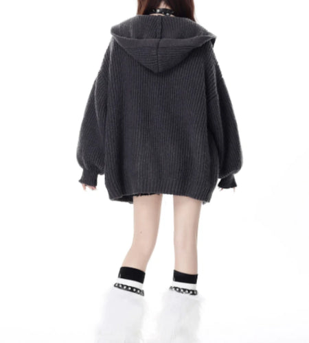 Japanese Oversized Solid Knited Cardigan Y2k Aesthetic Women All Match Pocket Sweater Jackets Hooded Coats Kardigany Jumpers